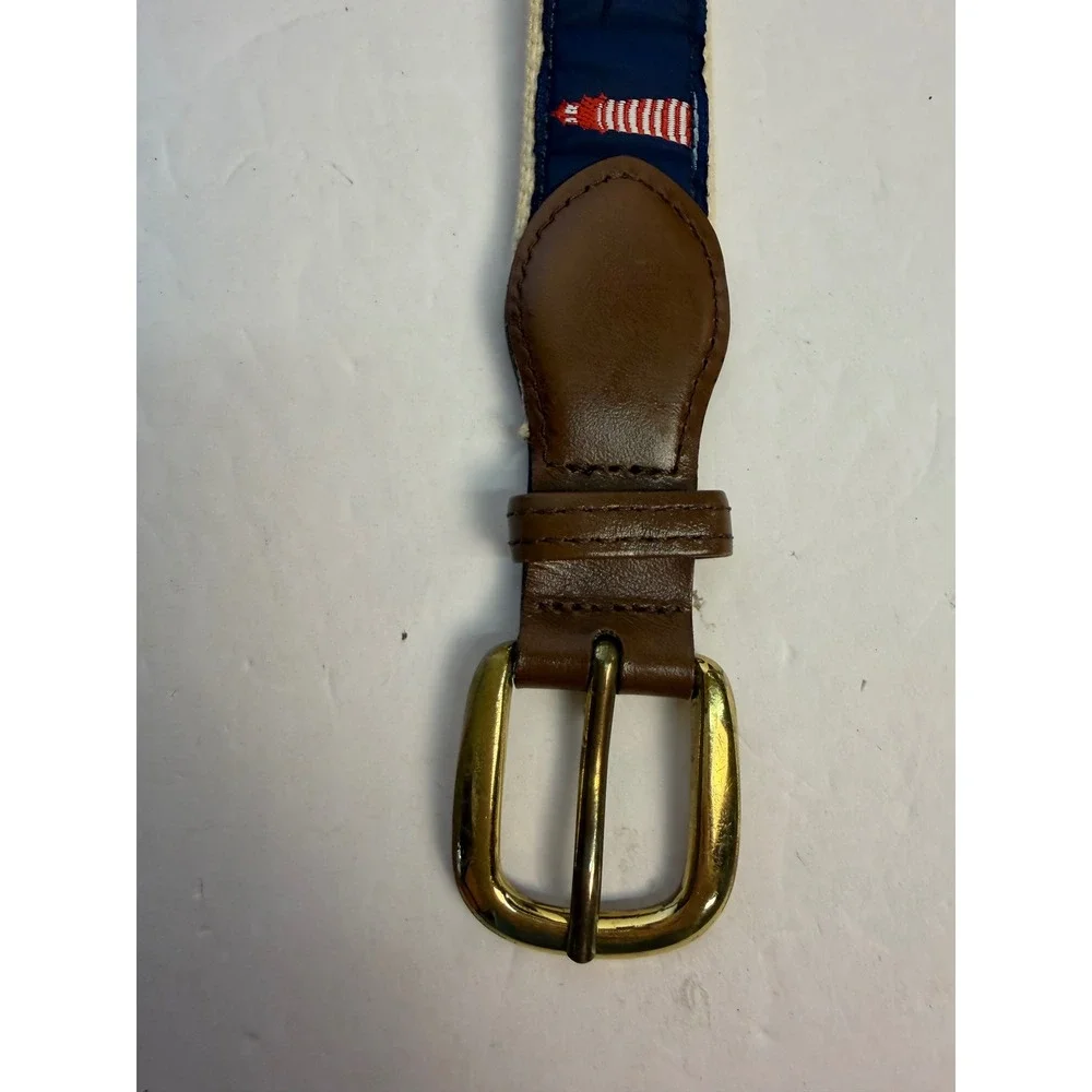 Mens Nautical Canvas Belt Navy Blue Marlin Lighthouse Leather Size 38